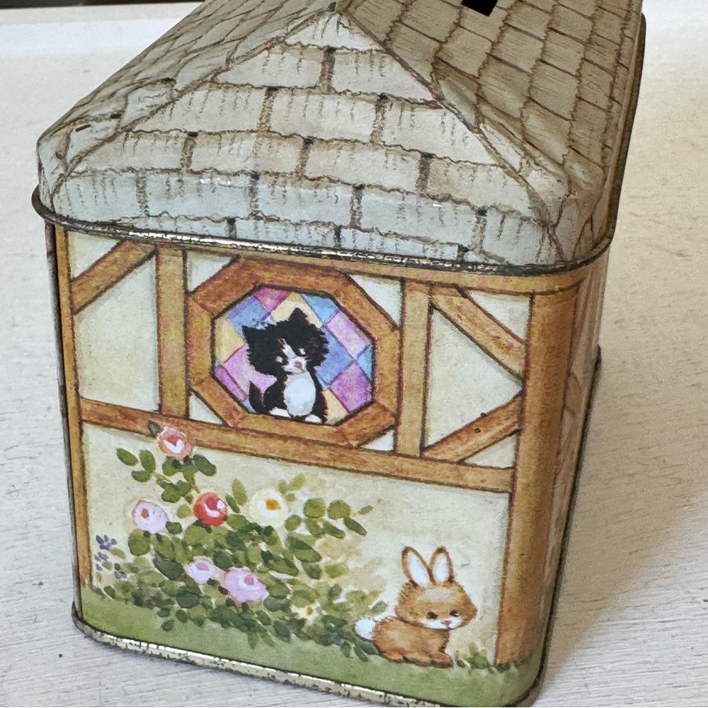 Vintage Morehead Inc Metal Tin Box Bank 1984 Enesco House Cottage Coin Bank - Picture 3 of 12